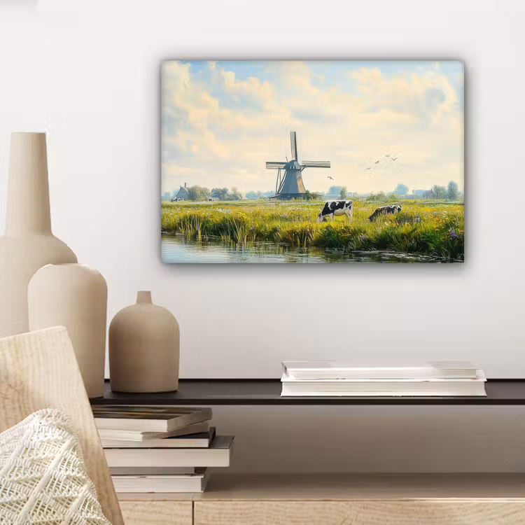 Canvas schilderij - Koeien - Windmolen - Weide - Blauw — 5