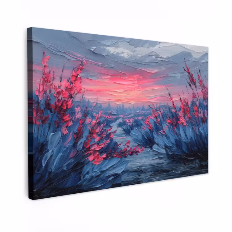 Canvas schilderij - Schilderij - Zonsondergang - Bloemen - Rivier — 1