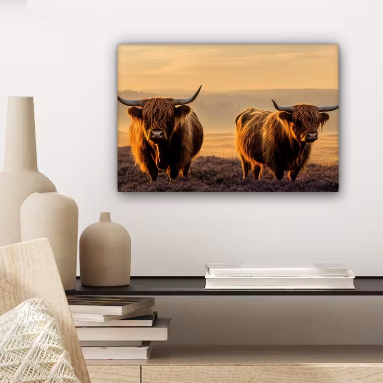Canvas schilderij - Schotse hooglanders - Heide - Landschap - Dieren — 5