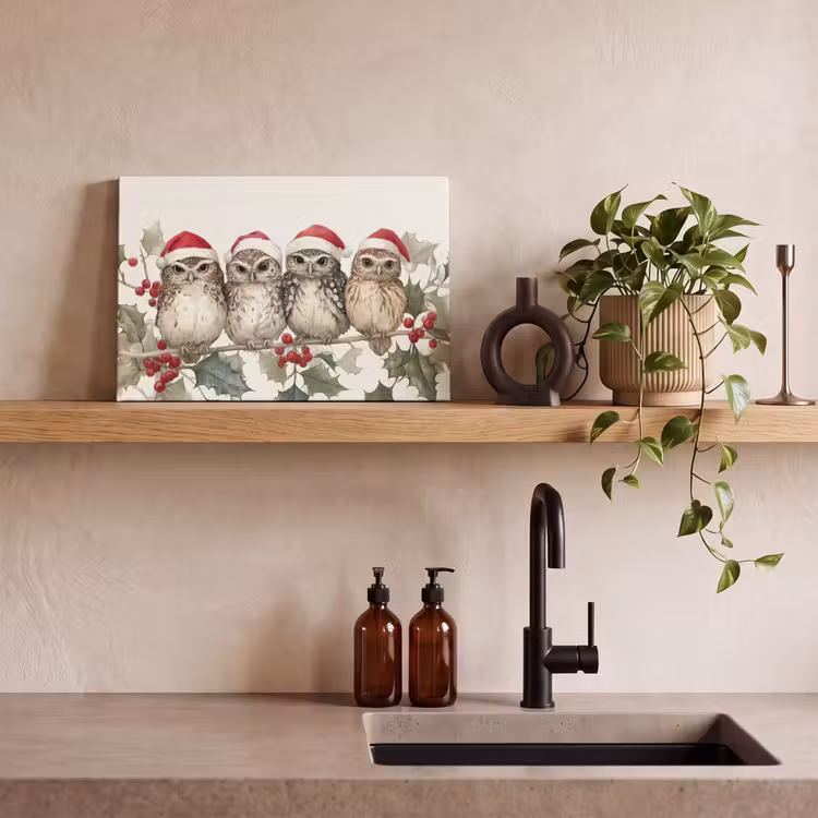 Canvas schilderij - Uilen - Tak - Hulstblaadjes - Kerstmuts — 3