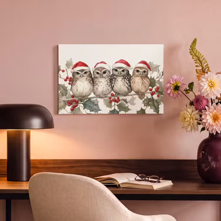Canvas schilderij - Uilen - Tak - Hulstblaadjes - Kerstmuts — 4