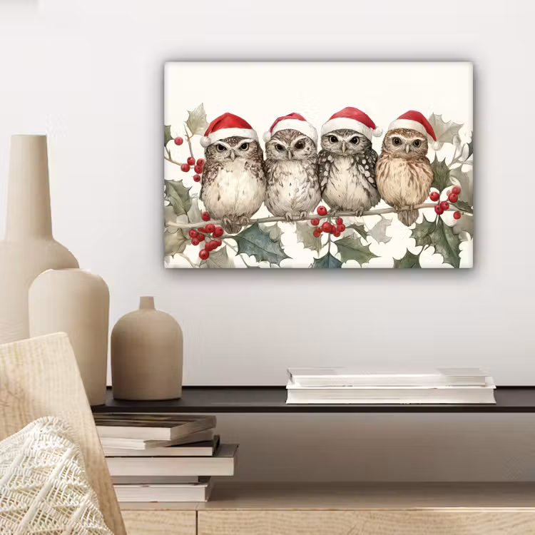 Canvas schilderij - Uilen - Tak - Hulstblaadjes - Kerstmuts — 5