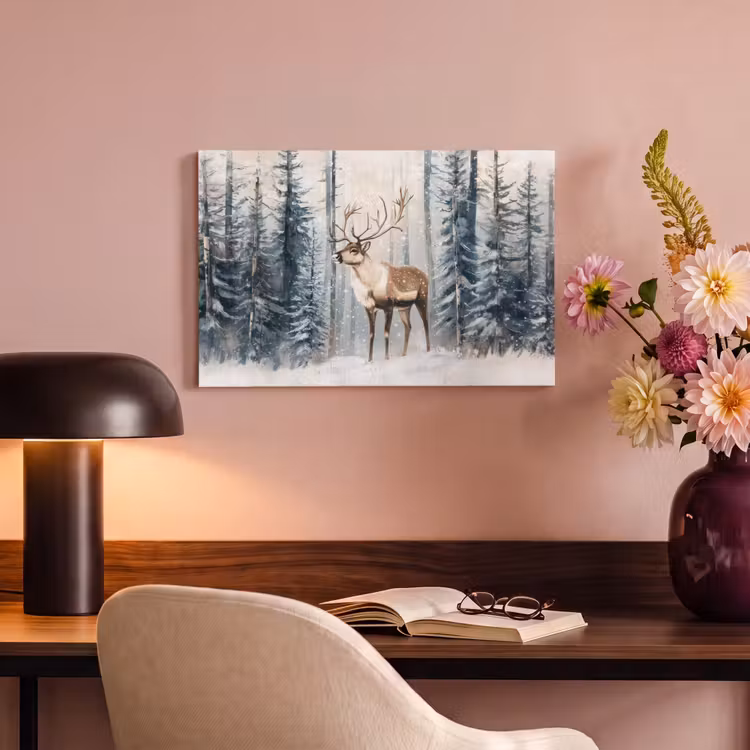 Canvas schilderij - Rendier - Sneeuw - Woud - Wit — 4