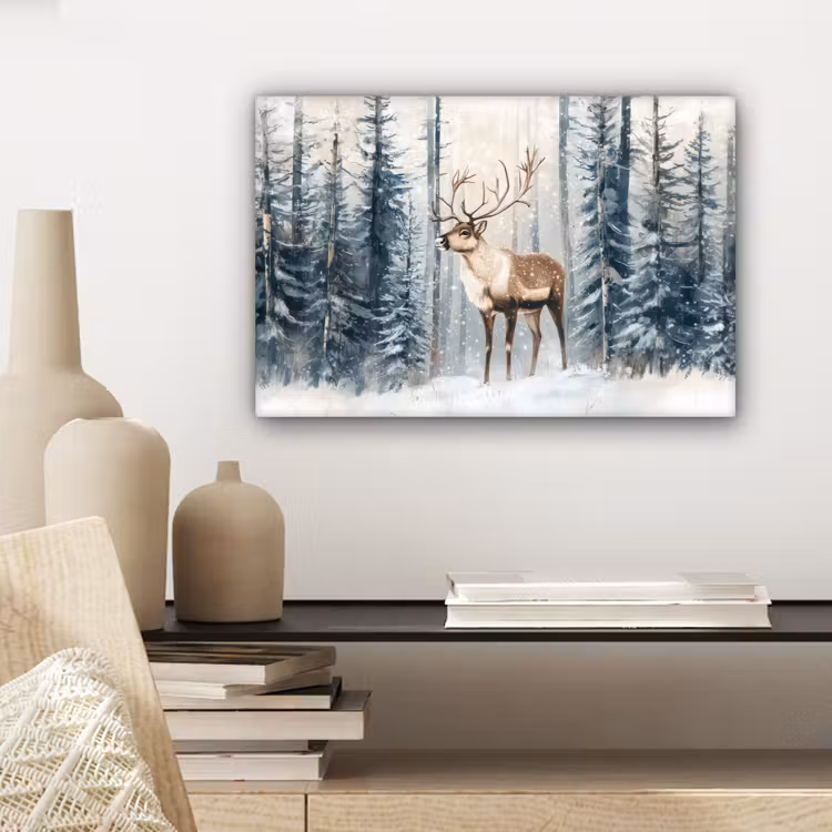 Canvas schilderij - Rendier - Sneeuw - Woud - Wit — 5