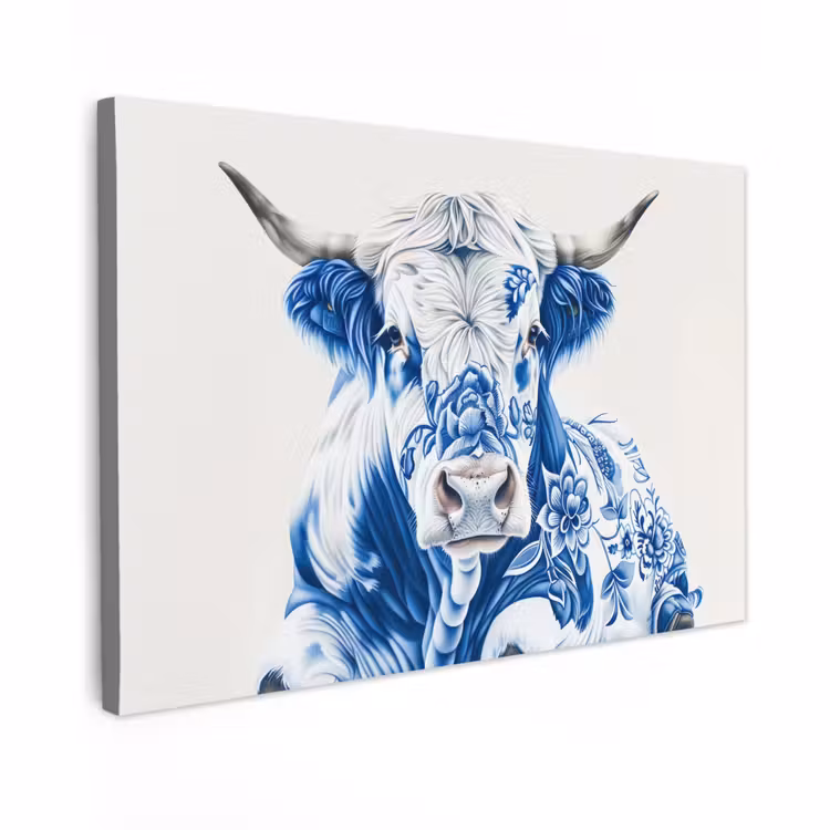 Canvas schilderij - Koe - Delfts blauw - Bloemen - Kunst — 1