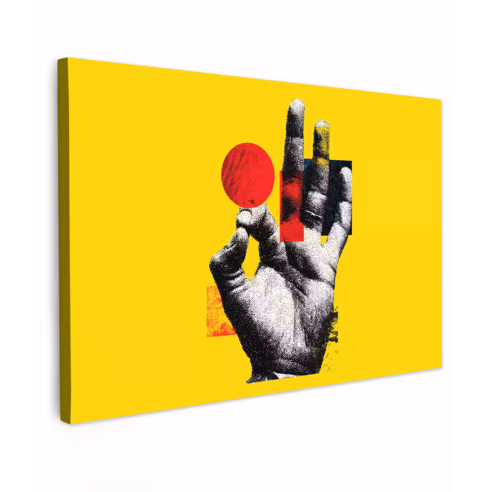 Canvas schilderij - Hand - Rode cirkel - Geel — 1
