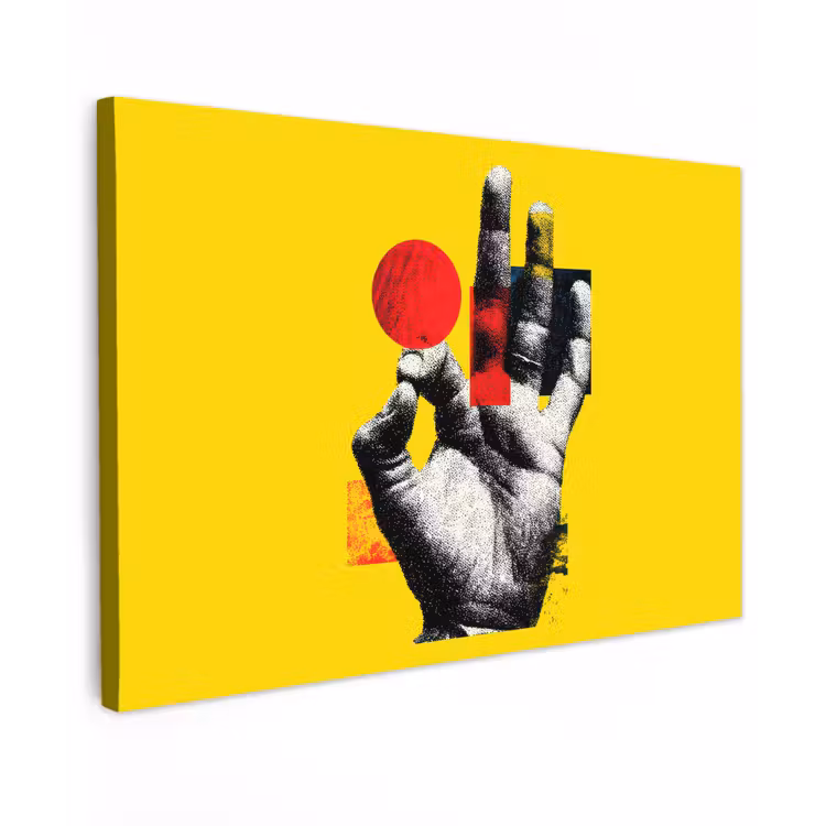 Canvas schilderij - Hand - Rode cirkel - Geel — 1