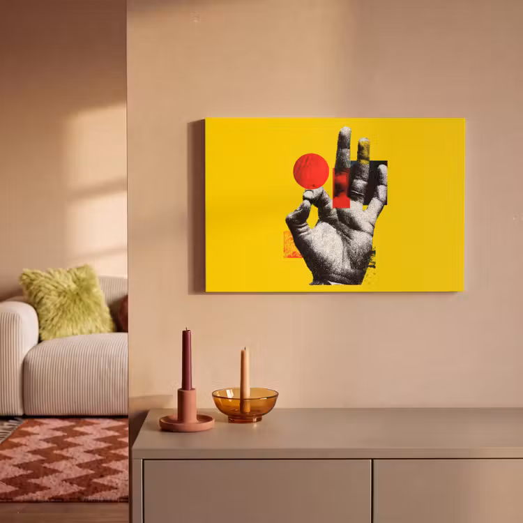 Canvas schilderij - Hand - Rode cirkel - Geel — 2