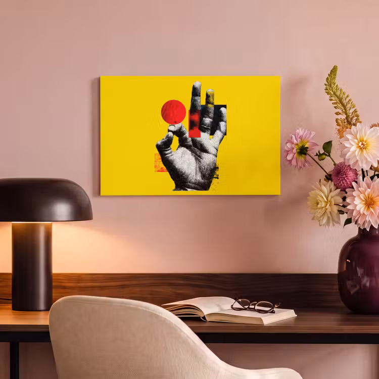 Canvas schilderij - Hand - Rode cirkel - Geel — 4