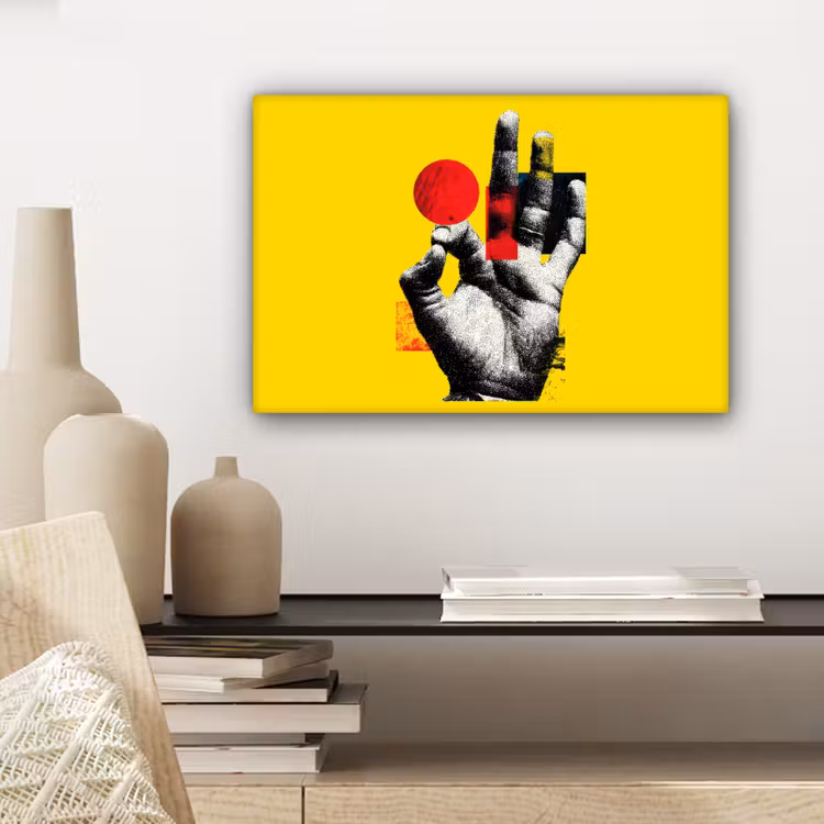 Canvas schilderij - Hand - Rode cirkel - Geel — 5