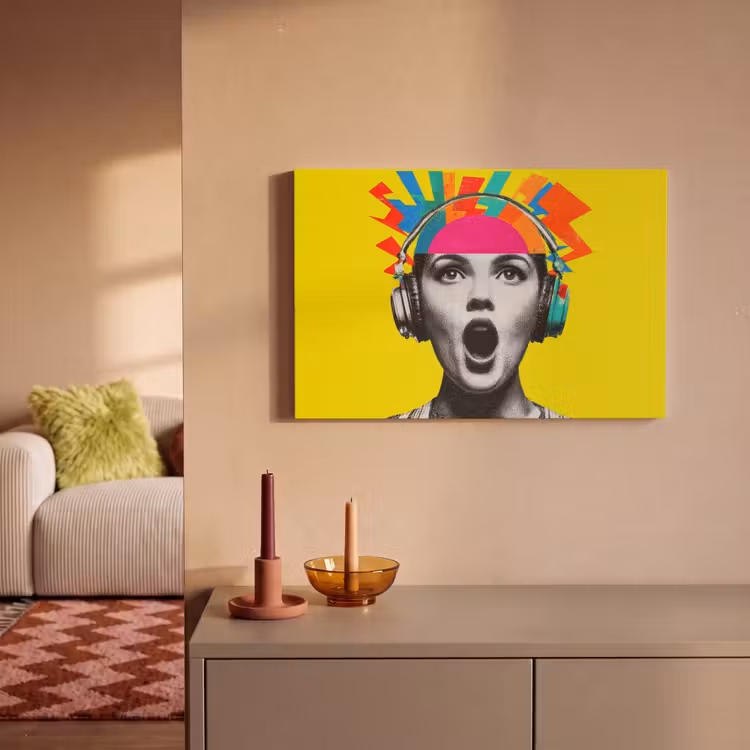 Canvas schilderij - Vrouw - Koptelefoon - Geel — 2