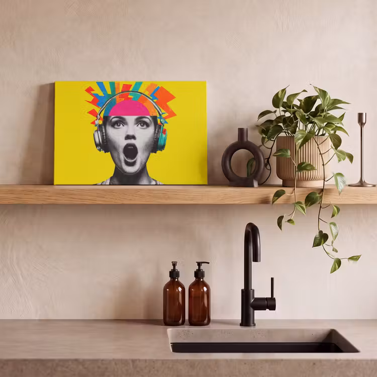 Canvas schilderij - Vrouw - Koptelefoon - Geel — 3