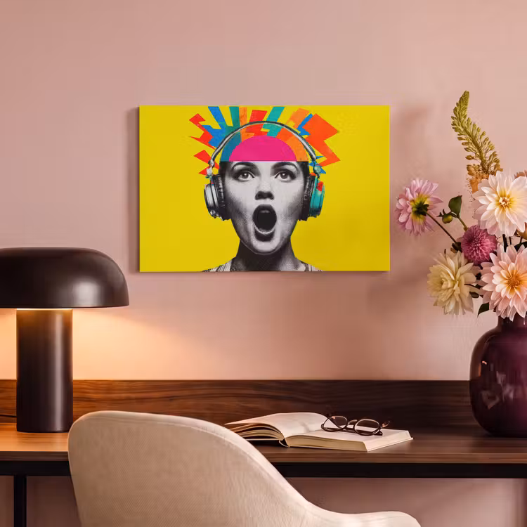 Canvas schilderij - Vrouw - Koptelefoon - Geel — 4