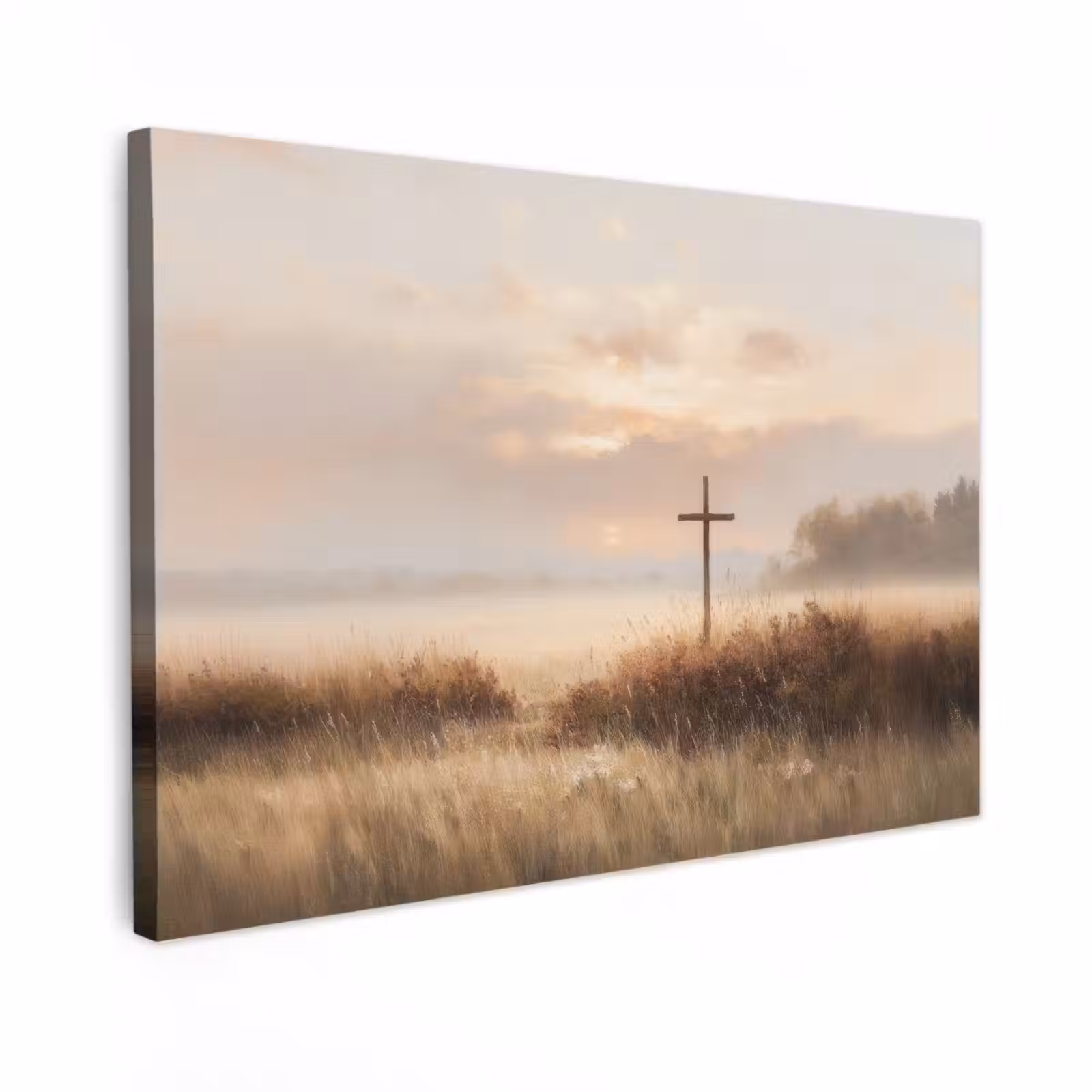 Canvas schilderij - Gras - Ochtendnevel - Kruis - Christendom — 1