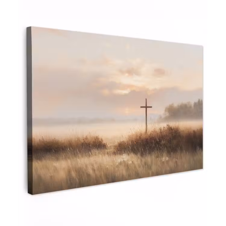 Canvas schilderij - Gras - Ochtendnevel - Kruis - Christendom — 1