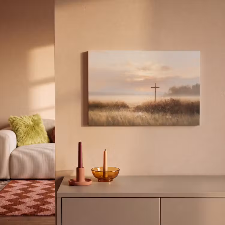 Canvas schilderij - Gras - Ochtendnevel - Kruis - Christendom — 2