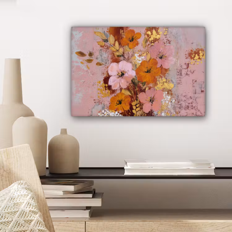 Canvas schilderij - Schilderij - Bloemen - Rustiek - Roze — 5