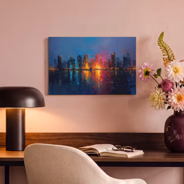Canvas schilderij - Skyline - Penseelstreken - Donkerblauw - Lichtgevend — 4