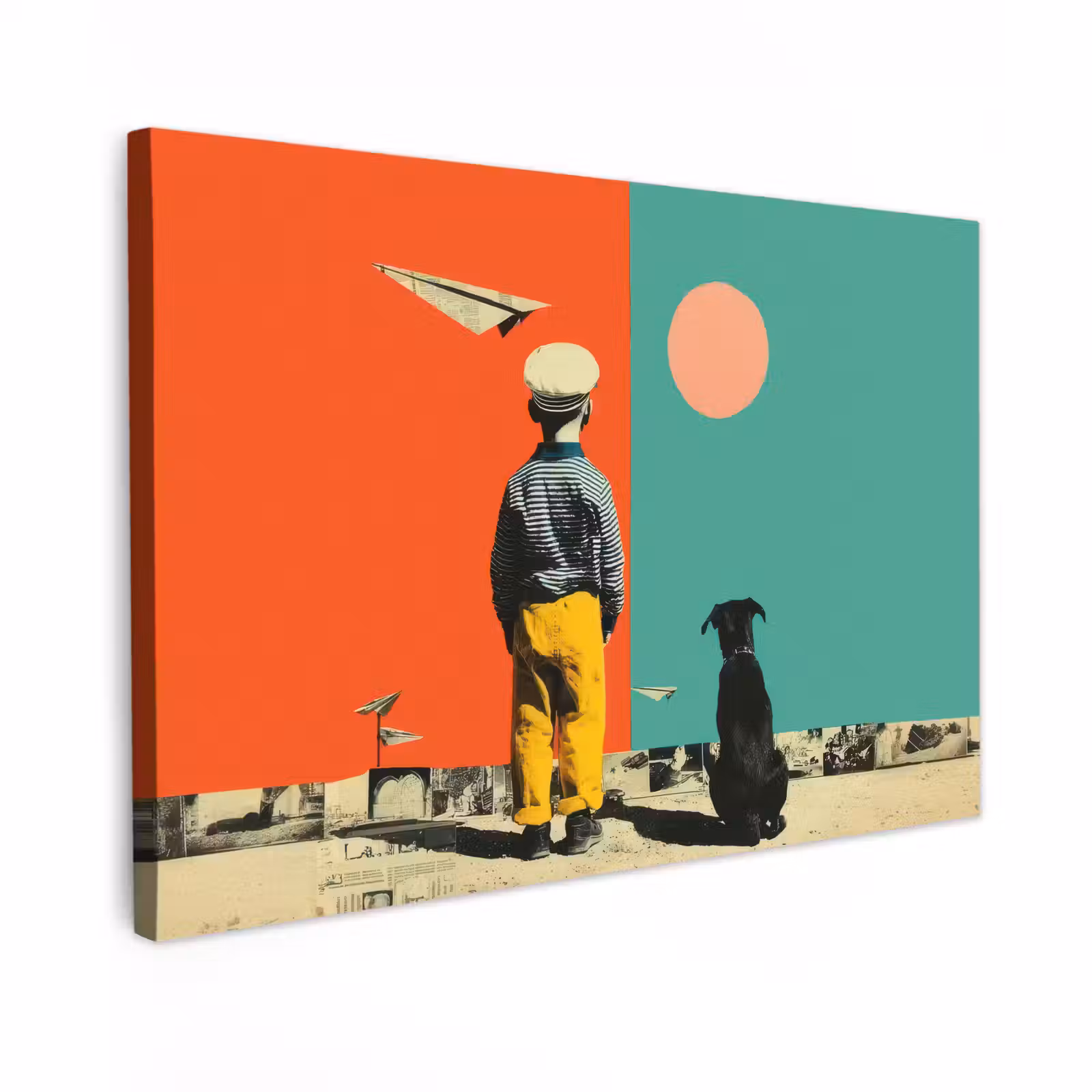 Canvas schilderij - Retro - Jongen - Hond - Rood - Groen — 1