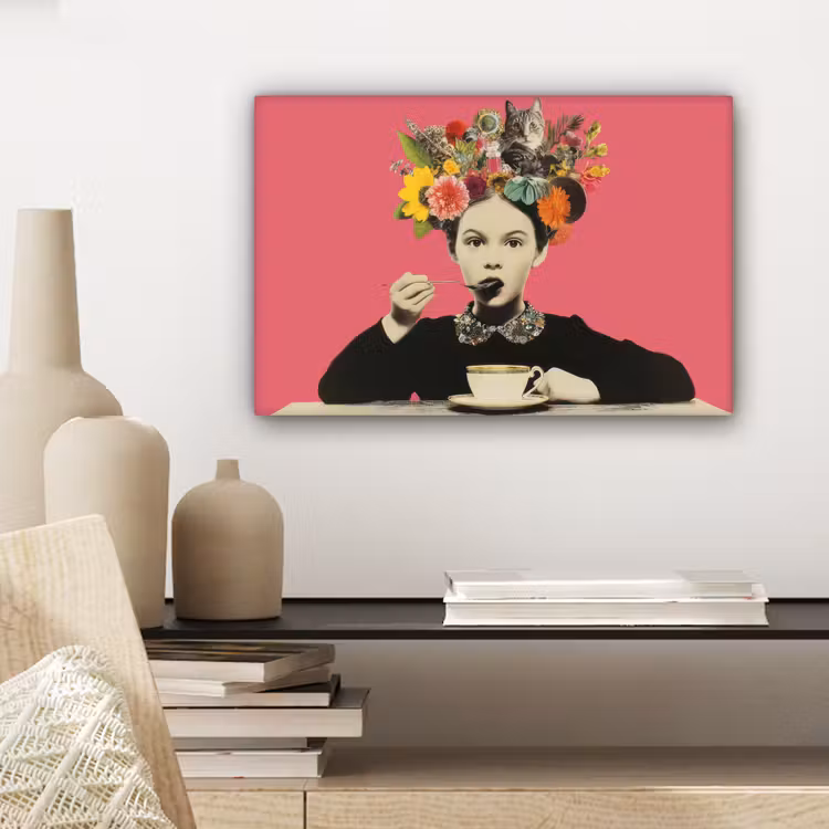 Canvas schilderij - Meisje - Kopje - Bloemen - Roze — 5