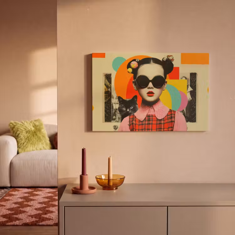 Canvas schilderij - Meisje - Zonnebril - Kat - Retro — 2