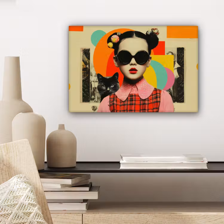 Canvas schilderij - Meisje - Zonnebril - Kat - Retro — 5