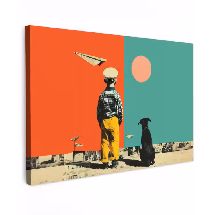 Canvas schilderij - Retro - Jongen - Hond - Rood - Groen — 1