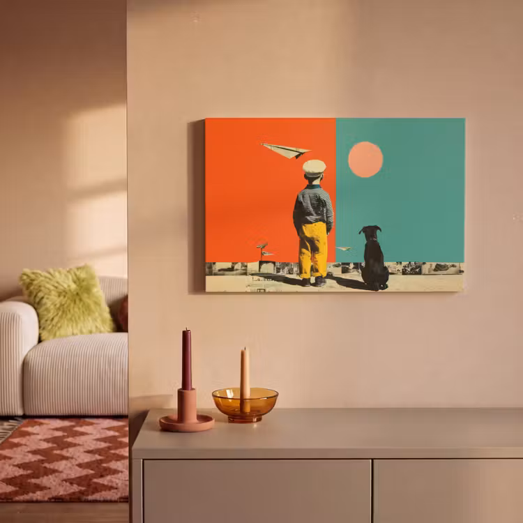 Canvas schilderij - Retro - Jongen - Hond - Rood - Groen — 2