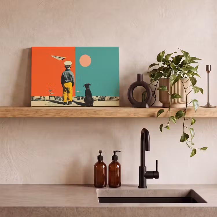 Canvas schilderij - Retro - Jongen - Hond - Rood - Groen — 3