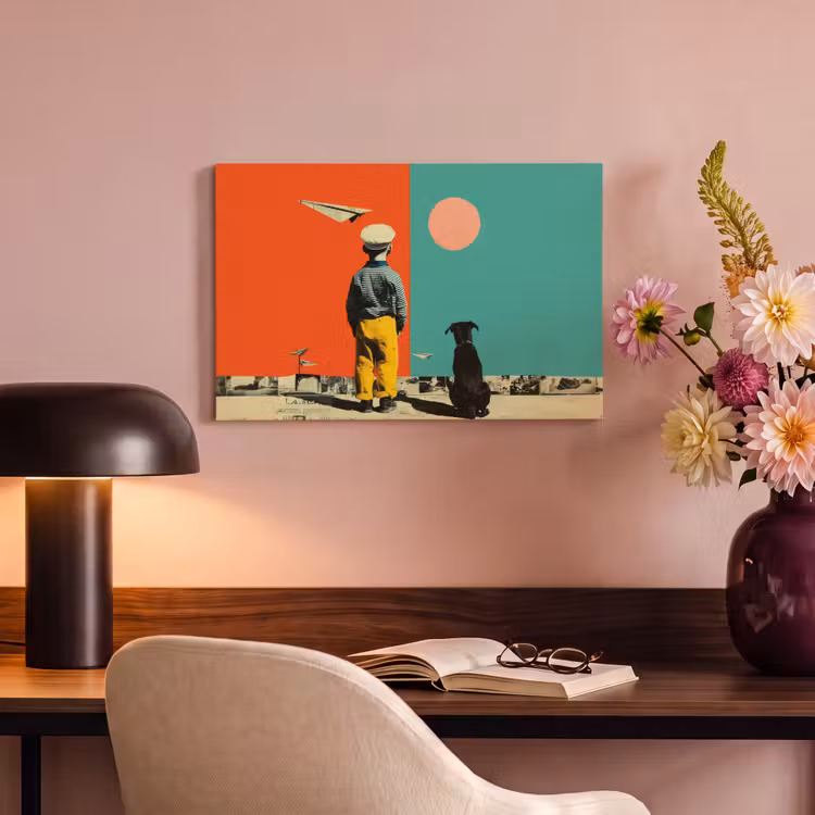 Canvas schilderij - Retro - Jongen - Hond - Rood - Groen — 4