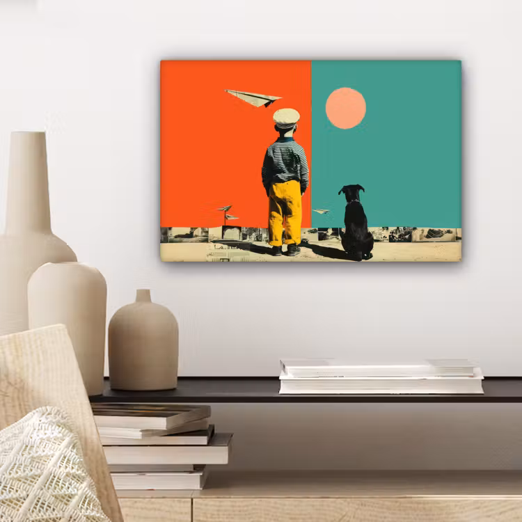 Canvas schilderij - Retro - Jongen - Hond - Rood - Groen — 5