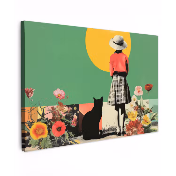Canvas schilderij - Retro - Meisje - Kat - Zon — 1