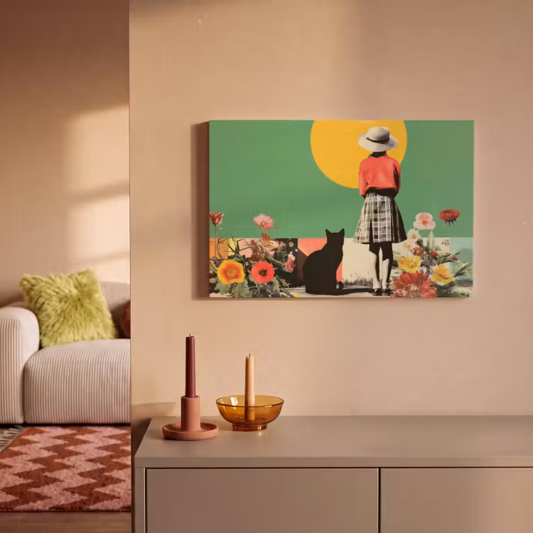 Canvas schilderij - Retro - Meisje - Kat - Zon — 2
