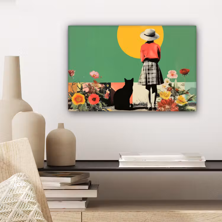Canvas schilderij - Retro - Meisje - Kat - Zon — 5