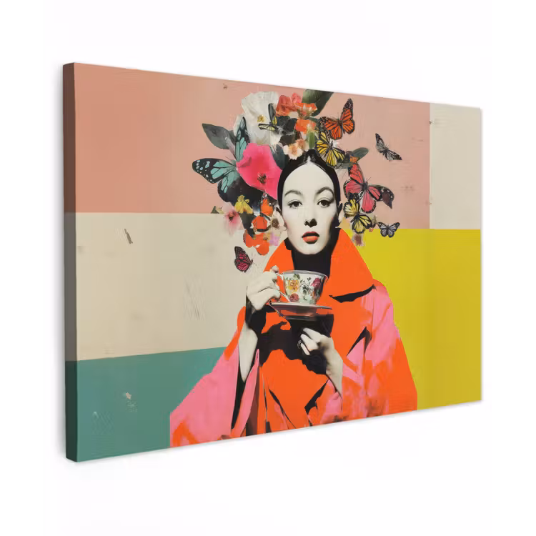 Canvas schilderij - Retro - Vrouw - Kopje - Vlinders — 1
