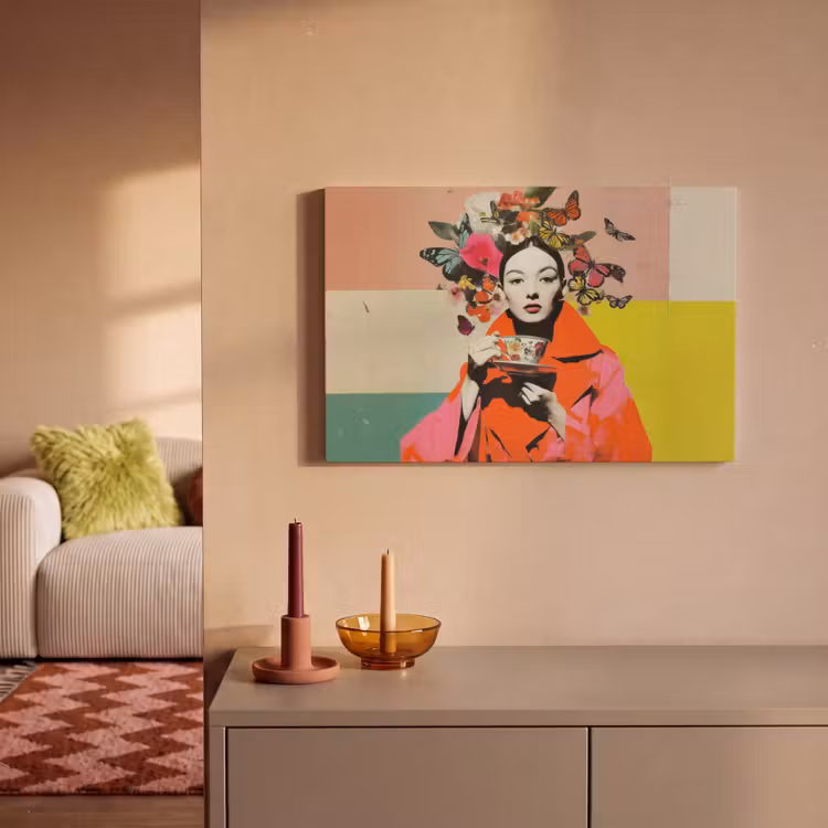 Canvas schilderij - Retro - Vrouw - Kopje - Vlinders — 2