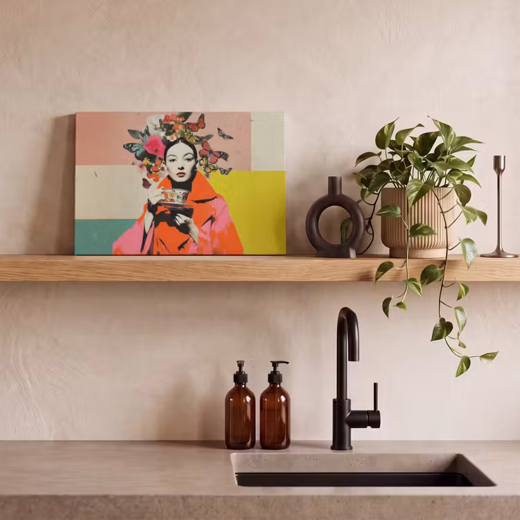 Canvas schilderij - Retro - Vrouw - Kopje - Vlinders — 3