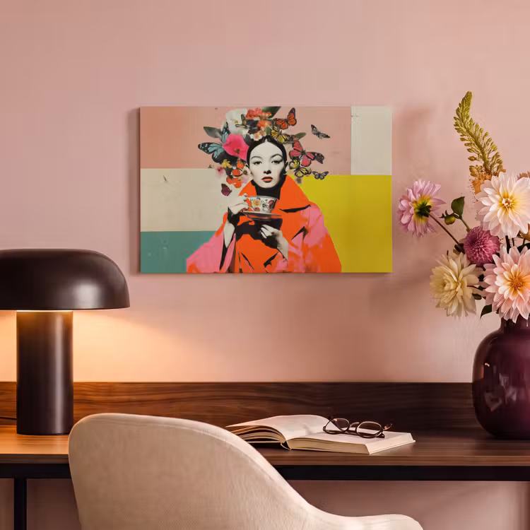 Canvas schilderij - Retro - Vrouw - Kopje - Vlinders — 4