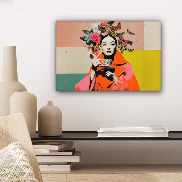 Canvas schilderij - Retro - Vrouw - Kopje - Vlinders — 5