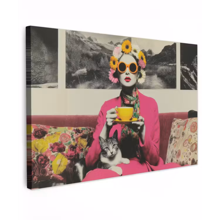Canvas schilderij - Vrouw - Kat - Bloemen - Kopje - Retro — 1