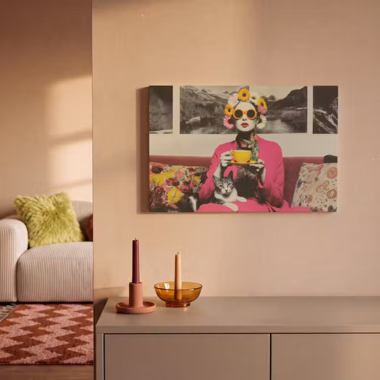 Canvas schilderij - Vrouw - Kat - Bloemen - Kopje - Retro — 2