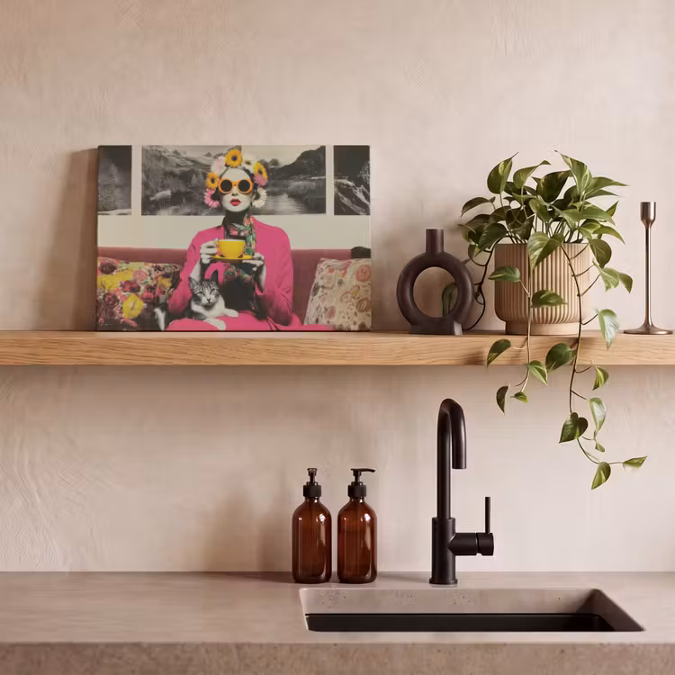Canvas schilderij - Vrouw - Kat - Bloemen - Kopje - Retro — 3