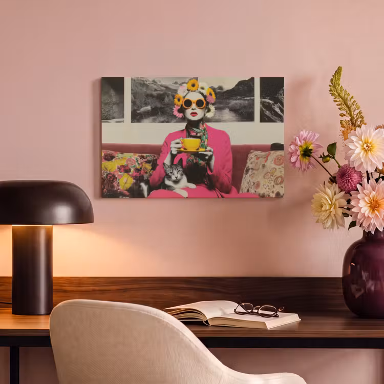 Canvas schilderij - Vrouw - Kat - Bloemen - Kopje - Retro — 4