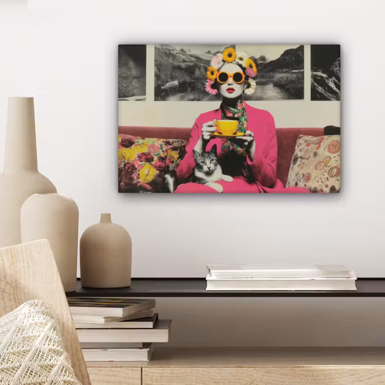 Canvas schilderij - Vrouw - Kat - Bloemen - Kopje - Retro — 5