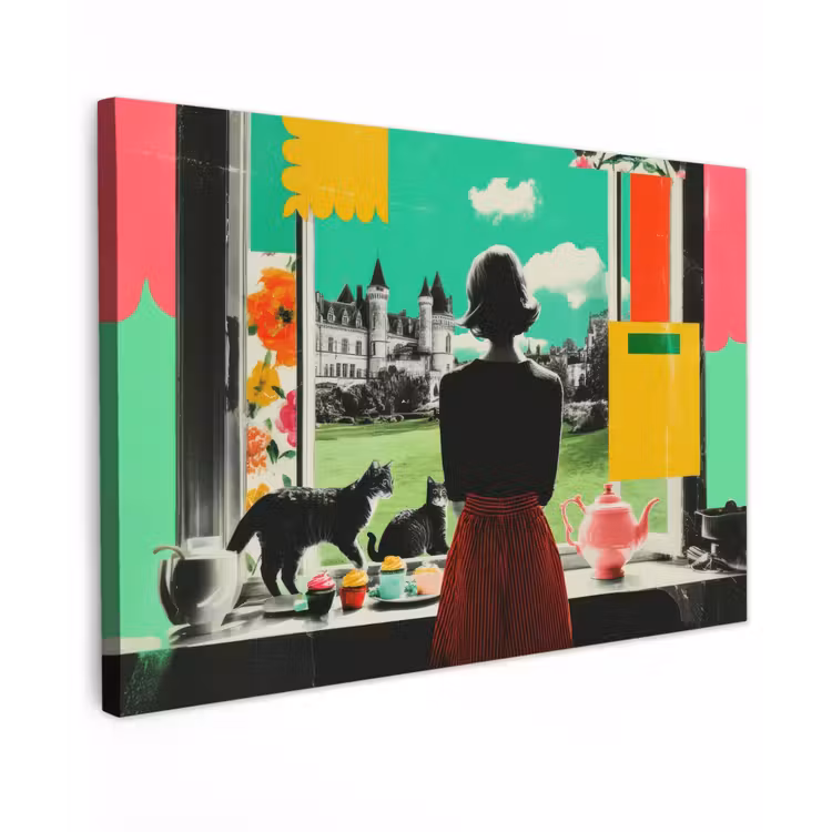 Canvas schilderij - Vrouw - Keuken - Katten - Doorkijk — 1