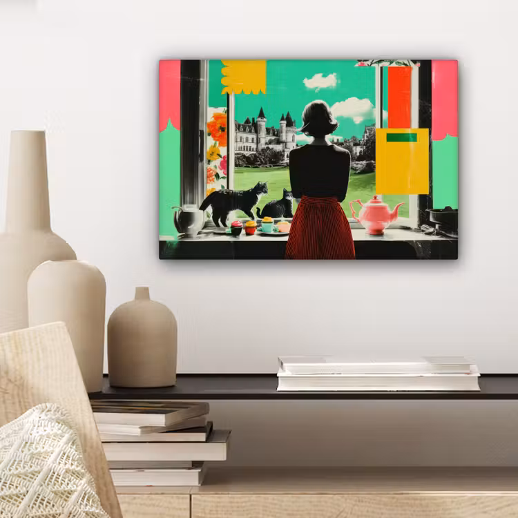 Canvas schilderij - Vrouw - Keuken - Katten - Doorkijk — 5