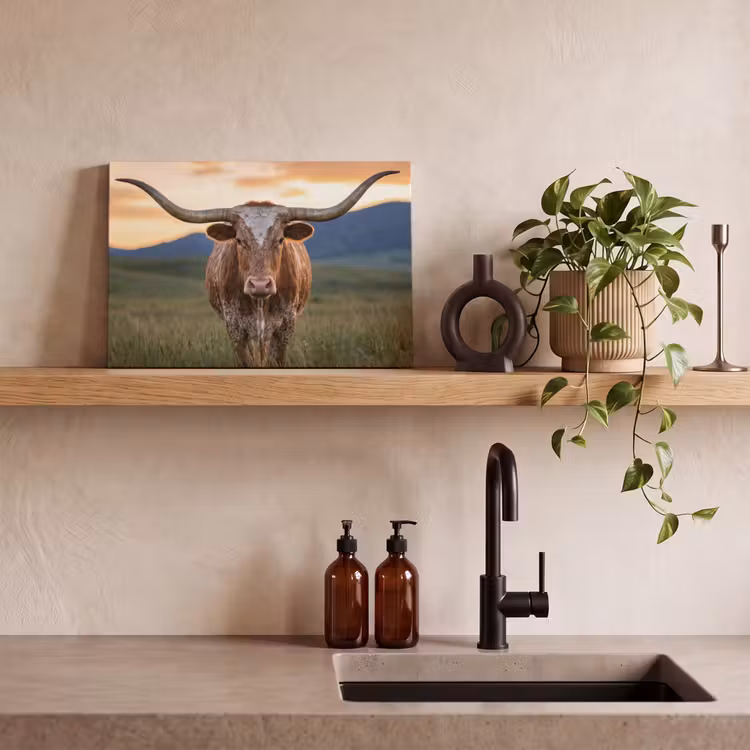 Canvas schilderij - Longhorn - Landschap - Zonsondergang — 3