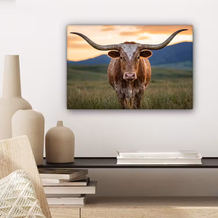 Canvas schilderij - Longhorn - Landschap - Zonsondergang — 5