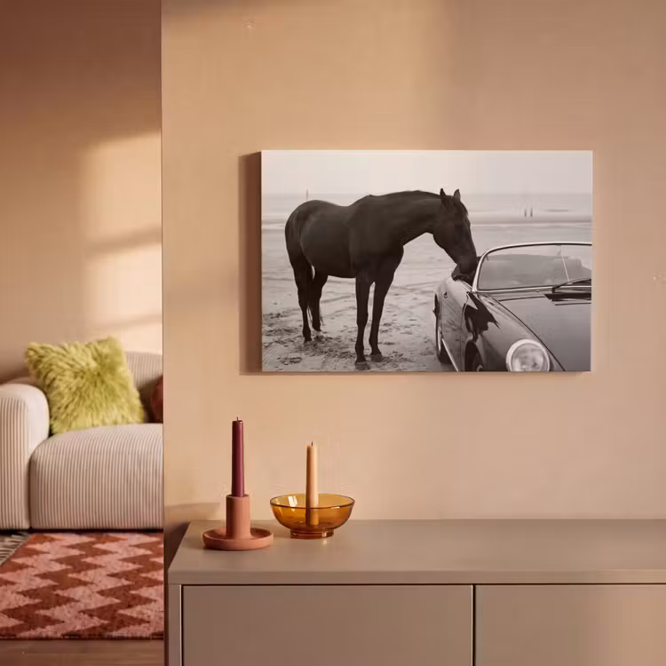 Canvas schilderij - Paard - Auto - Zwart - Wit — 2