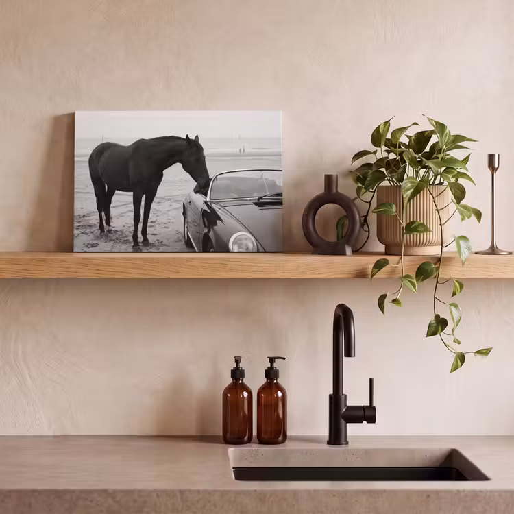 Canvas schilderij - Paard - Auto - Zwart - Wit — 3